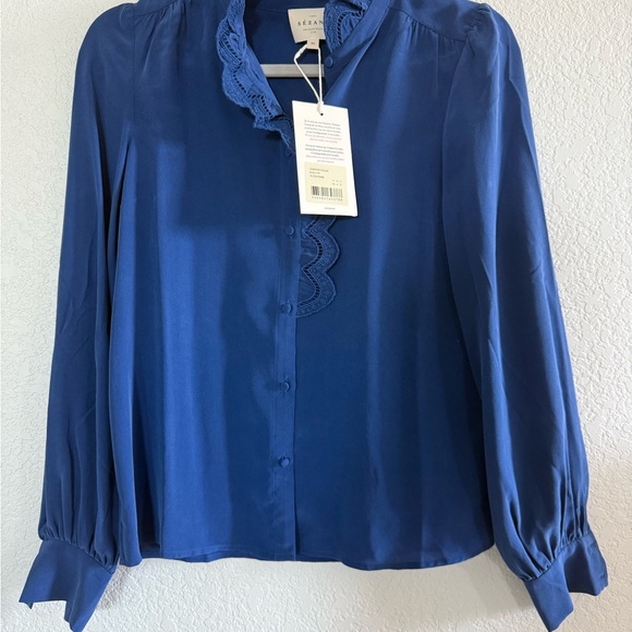 Sézane Chlo Silk Blouse Electric Blue Sz 34 NWT - Picture 3 of 7